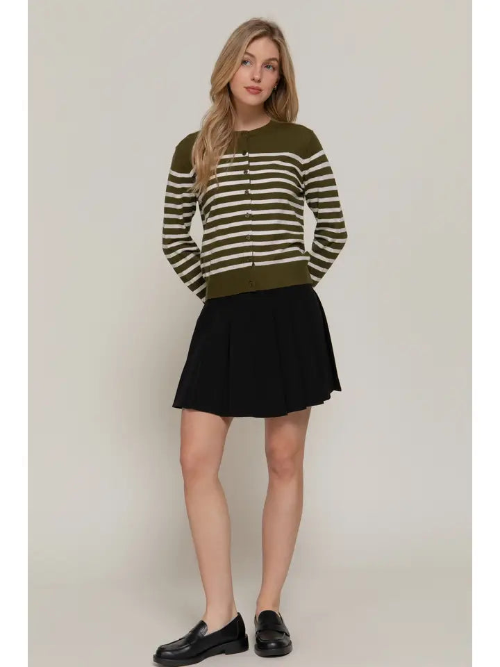 Liv Long Sleeve Crew Neck Stripe Sweater Cardigan | Olive/Cream
