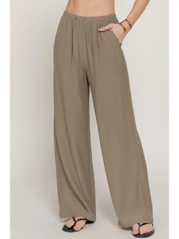 Cala Elastic Waistband Crinkle Woven Long Pants | Olive