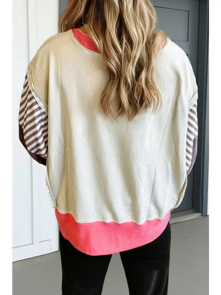 Liv Color Block Striped Patchwork Slit Sweatshirt | Beige