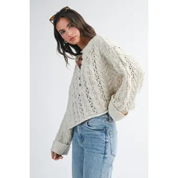 Aurea Textured Crop Henley Knit Sweater | Pearl