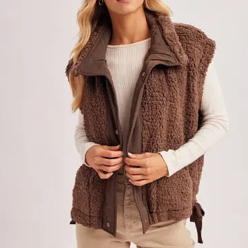 Cara Button Down Mock Neck Fleece Sherpa Vest | Coco