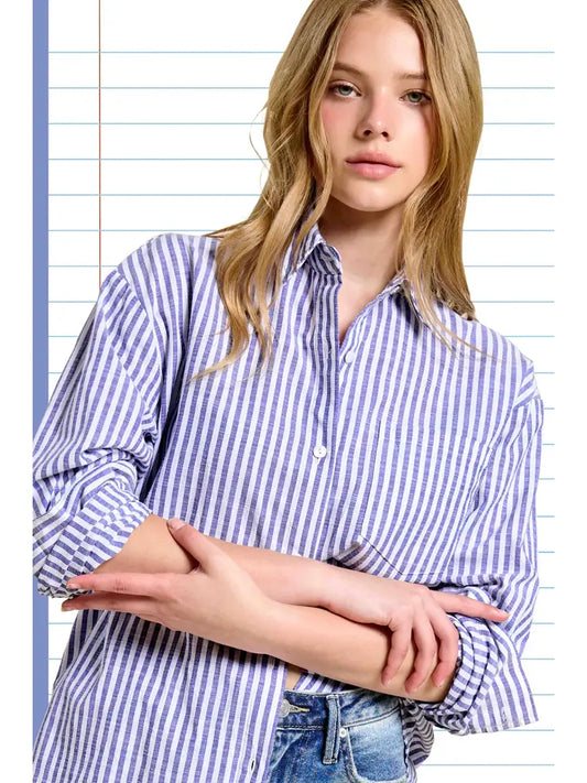 Collared Contrast Stripe Button Down Shirt | Denim