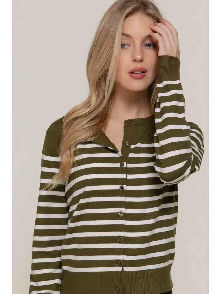 Liv Long Sleeve Crew Neck Stripe Sweater Cardigan | Olive/Cream