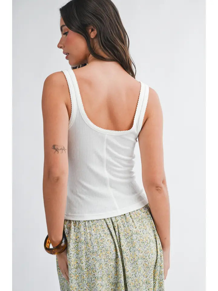 Pointelle Button Front Cami Tank | White