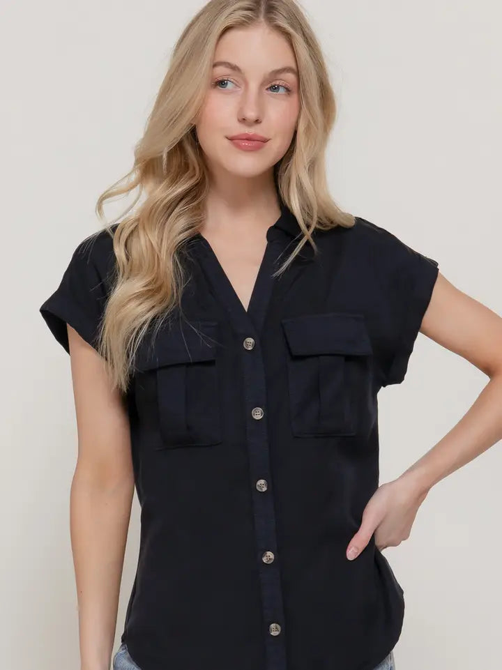 Dawn Dolman Short Sleeve Button Down Tencel Shirt | Black