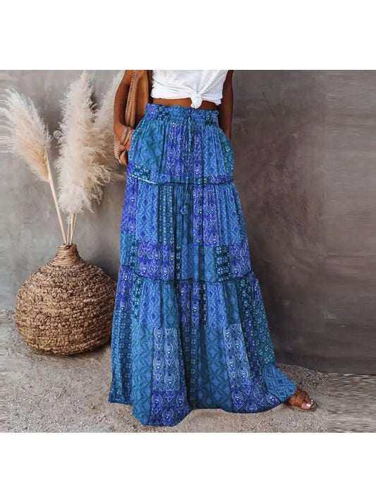 Bohemian Floral Print Tiered Maxi Skirt | Dark Blue